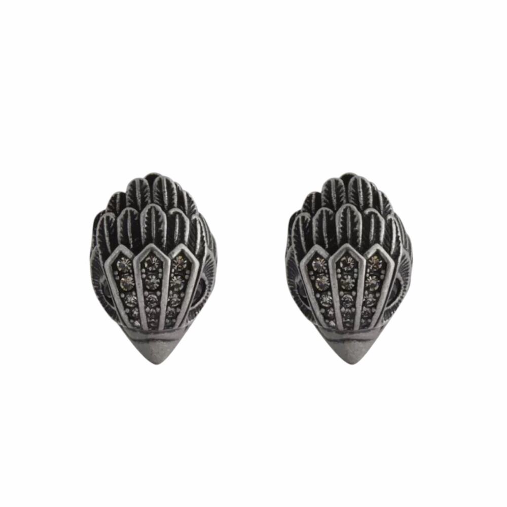 Kurt Geiger Antique Silver Feather Stud Earrings with Gray Stones